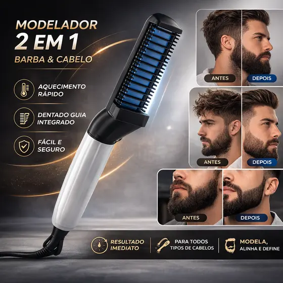 Pente Alisador de Barba e  Cabelo Elétrico Escova Alisadora  Portátil Masculino