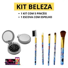 Kit 5 Pincéis Pincel Maquiagem + Escova de Cabelo Espelho Bolsa