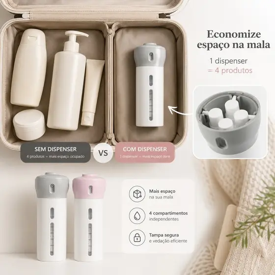 Dispenser Portátil 4 Em 1 Kit Viagem Shampoo Gel Cremes Viagens Loção
