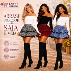 Saia de Festa Junina Caipira Com Babados + Meia Arrastão Ou Sem Meia