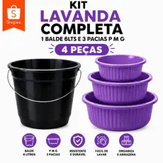 Kit Lavanderia 4 Peças Balde 6 Litros e 3 Bacias P M G Plástico Reforçado para Limpeza e Organização da casa