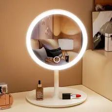 Espelho LED de Mesa com Bandeja Porta Maquiagem Luz 3 Cores Ajustável Touch USB