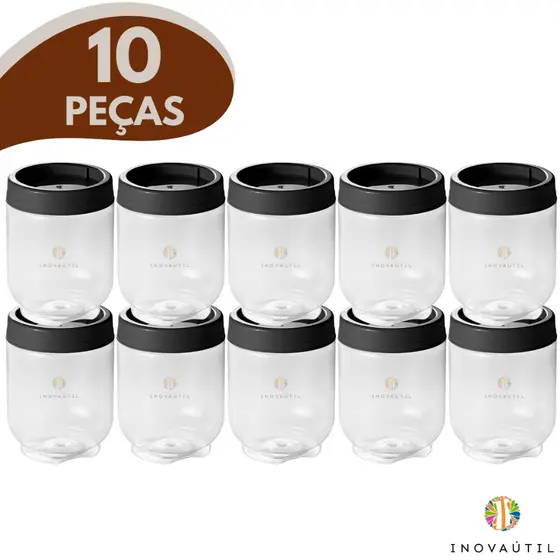 Porta Tempero Empilhável Kit 10 Potes 380ml Gire e Trave C/Tampa Rosca Plastico BPA FREE Organizador