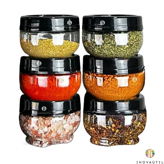 Porta Tempero Condimento Empilhável Kits 2 a 6 Potes 155ml Gire Trave Tampa Rosca Plástico BPA Free