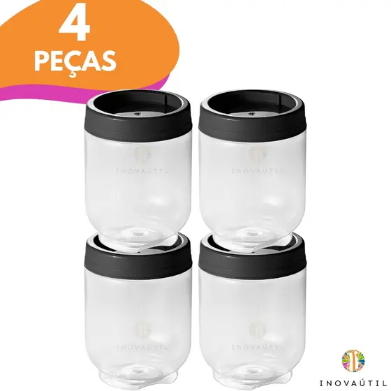 Porta Tempero 4pçs 380ml Empilhável Gire e Trave Tampa Rosca Plastico Livre de BPA Pote P/Condimento
