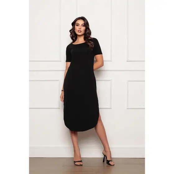 Vestido Midi Manga Curta Gola Canoa com Fenda Lateral com Bolsos Preto