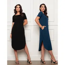 Vestido Midi Gola Canoa Feminino Manga Curta com Fenda Lateral Meia Lua Verão 2027