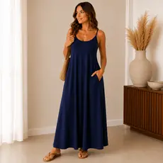 Vestido Longo Azul Verão 2027 de Viscolycra Feminino Alcinha Com Bolsos Casual Confortável Soltinho Estiloso