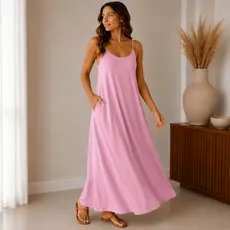Vestido Longo de Viscolycra Feminino Alcinha Com Bolsos Casual Confortável Soltinho Estiloso