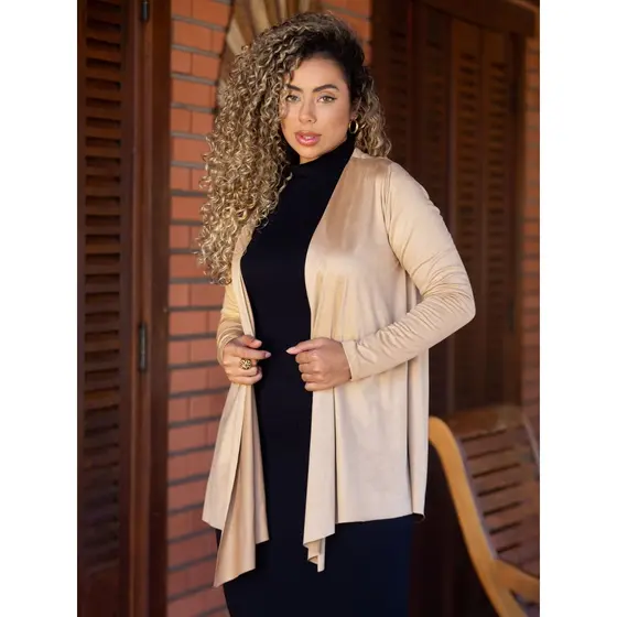Cardigan Feminino Alongado em Suede Manga Longa Fenda Inverno Preto e Coloridos