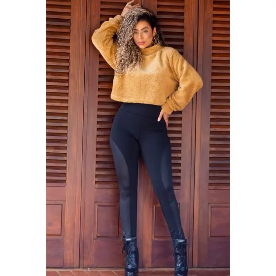 Calça Feminina Legging Montaria Aveludada Plus Com Bolsos P ao G3 Preta Inverno 2025 Barata