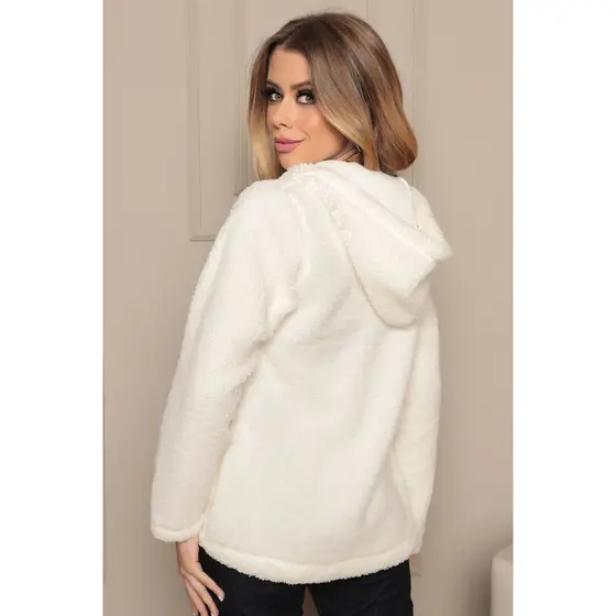 Casaco Feminino Teddy Lanzinha Com Capuz Plus Size 964 Branco