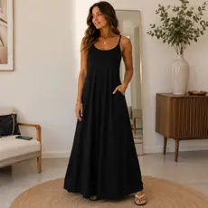 Vestido Longo Preto Verão 2027 de Viscolycra Feminino Alcinha Com Bolsos Casual Confortável Soltinho Estiloso