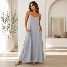 Vestido Longo Cinza Verão 2027 de Viscolycra Feminino Alcinha Com Bolsos Casual Confortável Soltinho Estiloso
