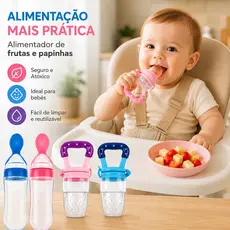 Kit Alimentação Infantil Chupeta Mordedor Porta Frutas + Mamadeira de Silicone com Colher Dosadora
