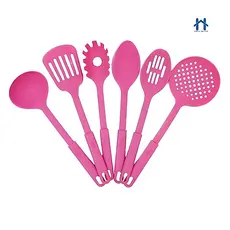 Conjunto 6 Utensilios com Gancho de Cozinha de Nylon Colher Concha Escumadeira Espátula Pegadores