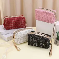 Estojo Necessaire Bolsa de Maquiagem Tweed com Alça  –  Compacta e Versátil Para Viagem ou Dia a Dia