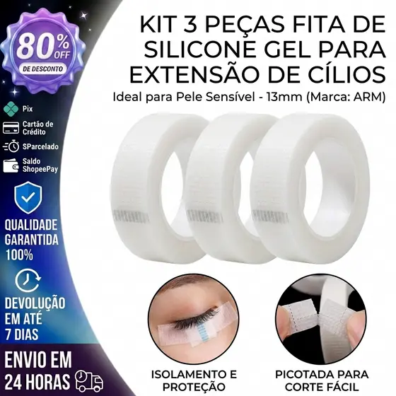 KIT 3 PEÇAS Fita Silicone Gel para Extensão Cílios Pele Sensível 13mm BRACO(Branco em armazenamento)