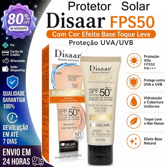 Protetor Solar Disaar FPS50 com Cor Efeito Base Toque Leve Proteção UVA/UVB