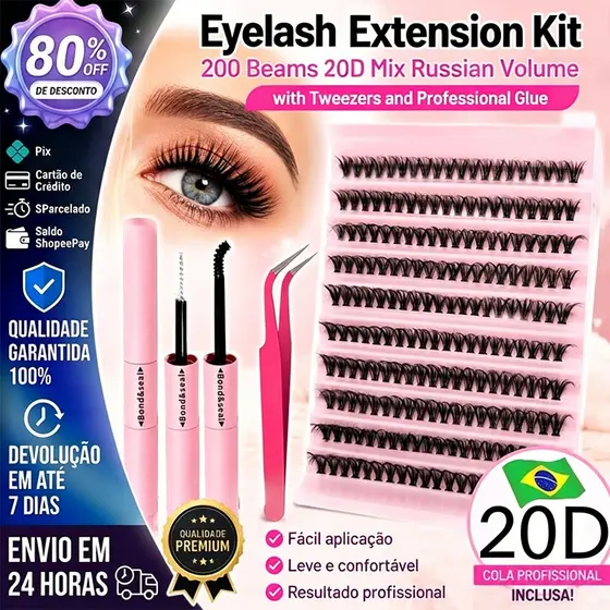 Kit Extensão de Cílios 200 Feixes 20D Mix Volume Russo com Pinça e Cola Profissional
