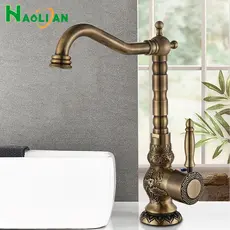 Latão Antigo Torneira Gourmet Cozinha Torneira Cozinha Bancada Misturadora Quente E Fria Único Furo Guindaste Rotativo