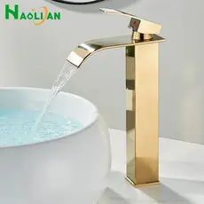 Torneira Banheiro Dourado Cascata Misturador Monocomando Torneira Lavabo Premium Metal  + Plástico