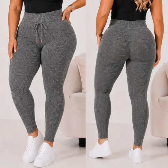 Calças Caneladas Luxo legging Jogger Blogueira Cintura Alta Bolso