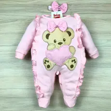 Macacão Bebê Menina com Bordado Ursa Coração 100% Algodão