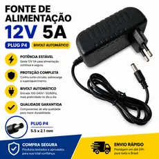 Kit 60w Fonte Estabilizadora LED 12V 5A Plug P4 Linha Apollo Bivolt para Fita LED e Luminárias