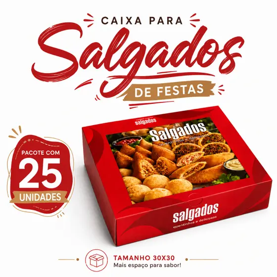 Caixa De Salgados Personalizada - Embalagem Tamanhos P M G e GG - 25 Unidades