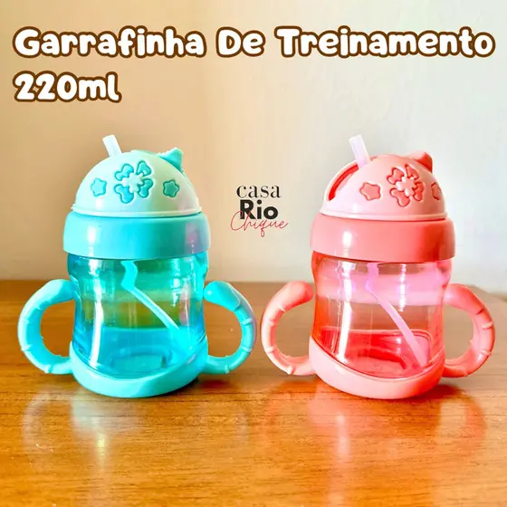 Garrafa de Água Infantil 220ml Copo de Treinamento para Bebê com Alça e Bico de Silicone Garrafinha de Plástico