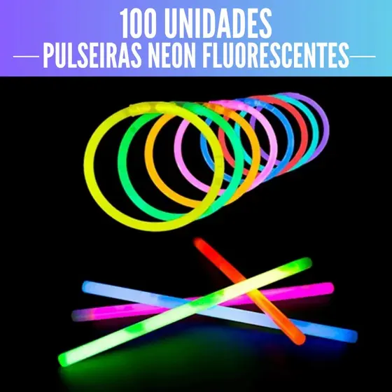 Kit com 100 Pulseiras Neon Alto Brilho Fluorescente Tubo Diversas Cores Brilha no Escuro