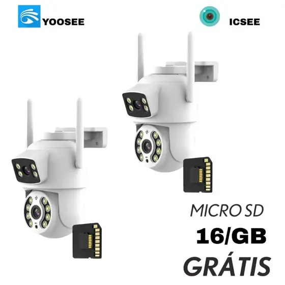 Kit2 Câmera de Segurança Wi-Fi Lente Dupla IP66 360° Visão Noturna + MicroSD 16GB