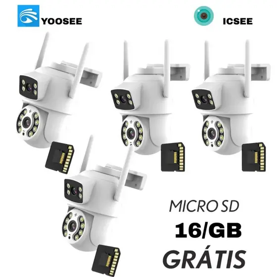 Kit4 Câmera de Segurança Wi-Fi Lente Dupla IP66 360° Visão Noturna + MicroSD 16GB
