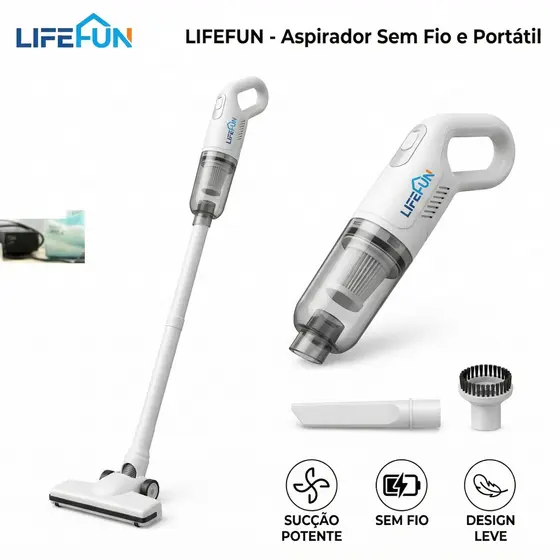Aspirador de Pó LIFEFUN Sem Fio Silencioso Forte Sucção USB para Casa e Carro