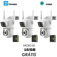 Kit3 Câmera de Segurança Wi-Fi Lente Dupla IP66 360° Visão Noturna + MicroSD 16GB