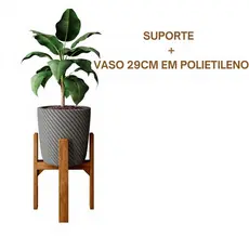 Suporte Madeira 40cm  e Vaso Cachepot Cinza Modelo Legs 4 Pés