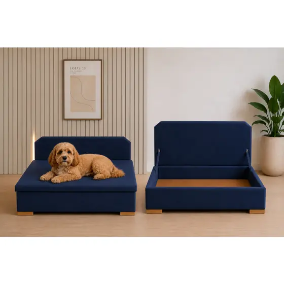 Sofá Cama Pet Baú Organizador em Suede 2 em 1 Luxo para Cães e Gatos 80cm Cores