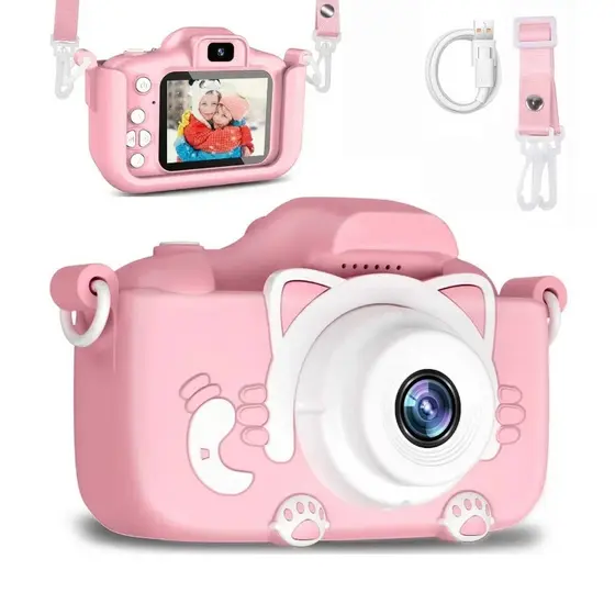 Câmera Digital Infantil Mini em Forma de Gatinho Tira Foto e Grava Vídeo Recarregável USB Antichoque