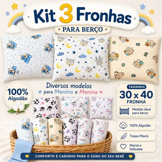 Kit 3 Fronhas 30x40 cm Infantil / Berço 100% Algodão – Macias para Travesseiro Bebê