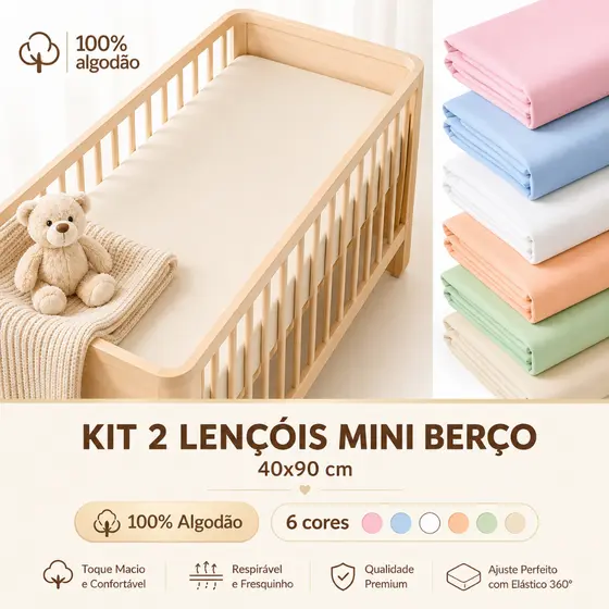 Kit com 2 lençol para mini berço 40 X 90cm com elástico em malha 100% algodão