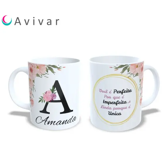 Caneca Xícara Personalizada Presente com seu Nome e frase Floral