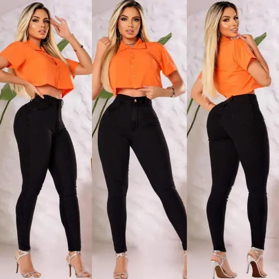 Calça Jeans Preta Skinny Feminina Cós Alto Levanta Bumbum Com Lycra