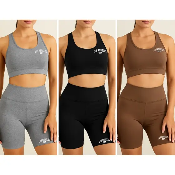 kit 3 Conjuntos Academia   Top e Shorts Feminino Los Angeles