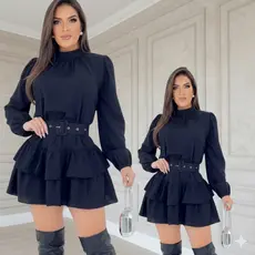 Vestido Feminino Elegante Boho Chic Soltinho Manga Longa babado Barra Tendência (Cinto não incluso)