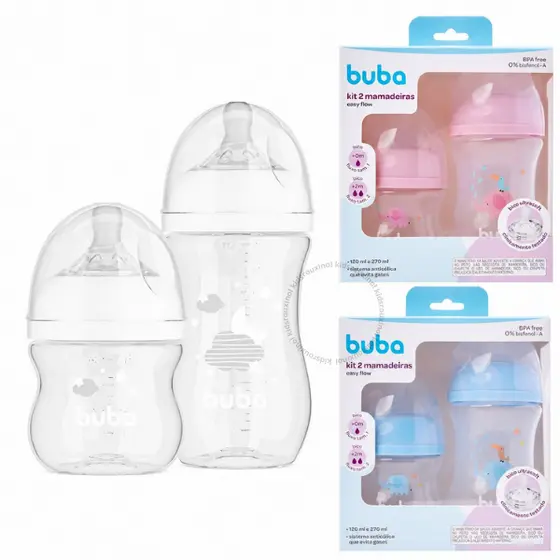 Kit 2 Mamadeiras Buba Anticólica 120/270ML Bico Pétala Silicone Macio Easy Flow Antivazamento