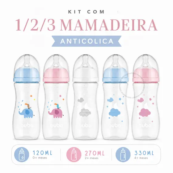 Kit Mamadeira Buba Anticólica Buba 120ml 270ml 330ml Bico Silicone