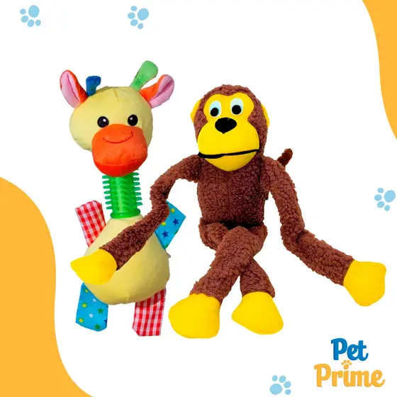Kit 2 Brinquedos de Pelúcia para Cachorro e Gato Macaco 40cm + Pato 25cm com Apito Savana Pet