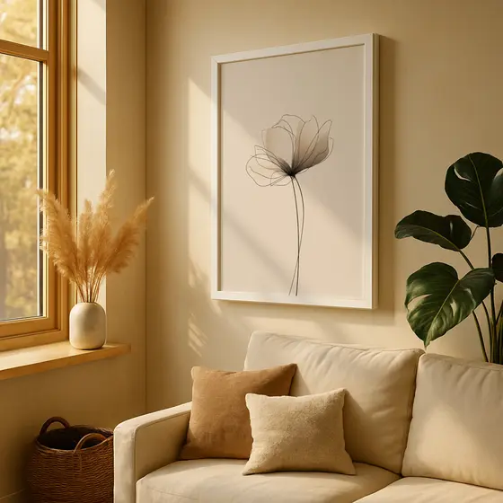 Quadro Decorativo Flor Bege Linha Contínua Simples Minimalista Abstrato Neutro Moderna Parede