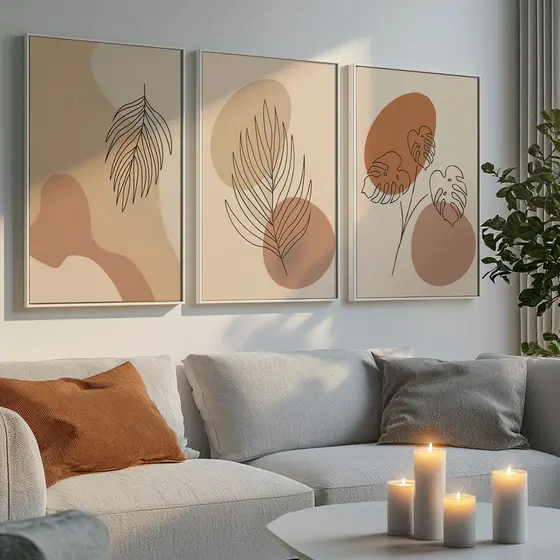 Kit 3 Quadros Decorativo Folhas Lineares Tons Terrosos Bege Abstrato Moderno Com Moldura